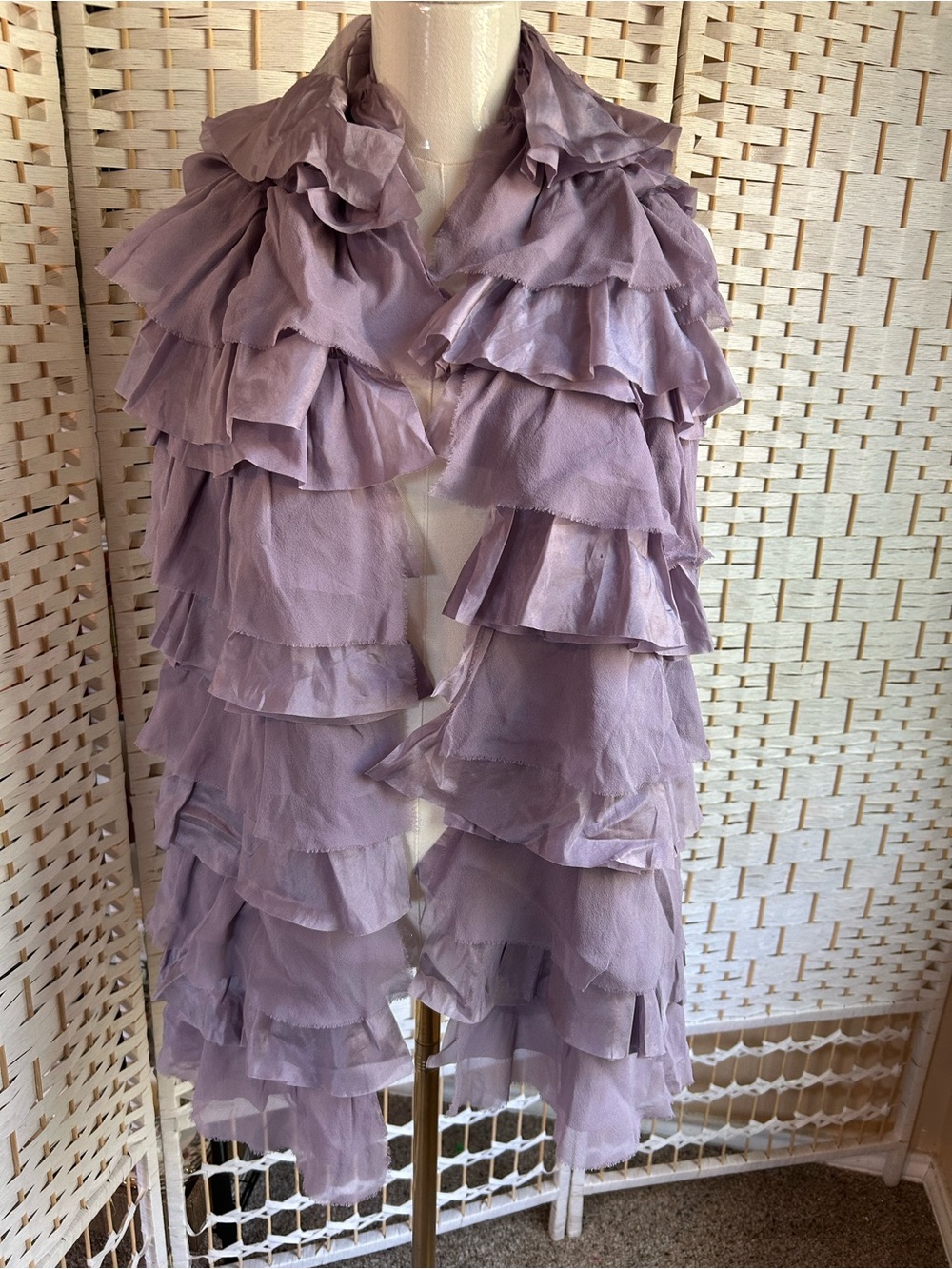 EILEEN FISHER Scarf Wrap 100% Silk Chiffon Lavender Tiered Ruffle Layered 62”